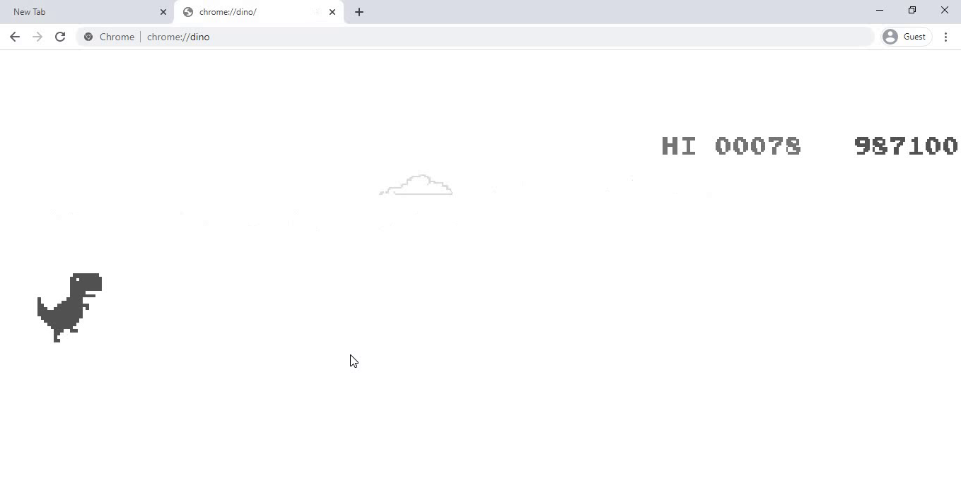 Chrome DevTools แสดงคะแนนสูงสุดที่ถูกแฮกที่ 987,100 บน chrome://dino -- หลักฐานว่าสูตรโกงคอนโซลใช้งานได้