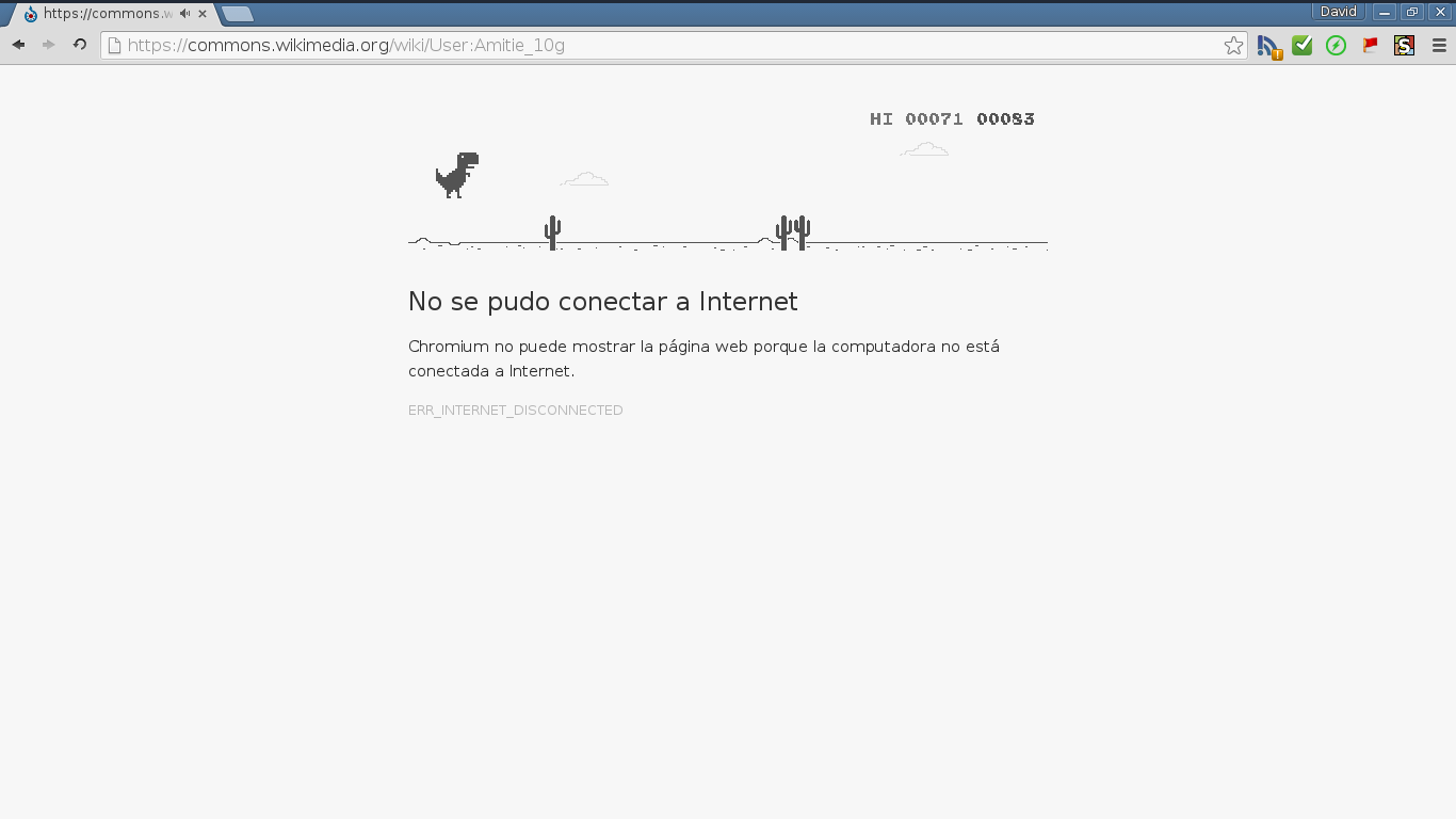 เกม Chrome Dino กำลังทำงานในเบราว์เซอร์ Chrome ที่ chrome://dino โดยมี T-Rex, ต้นกระบองเพชร และตัวนับคะแนนปรากฏให้เห็น