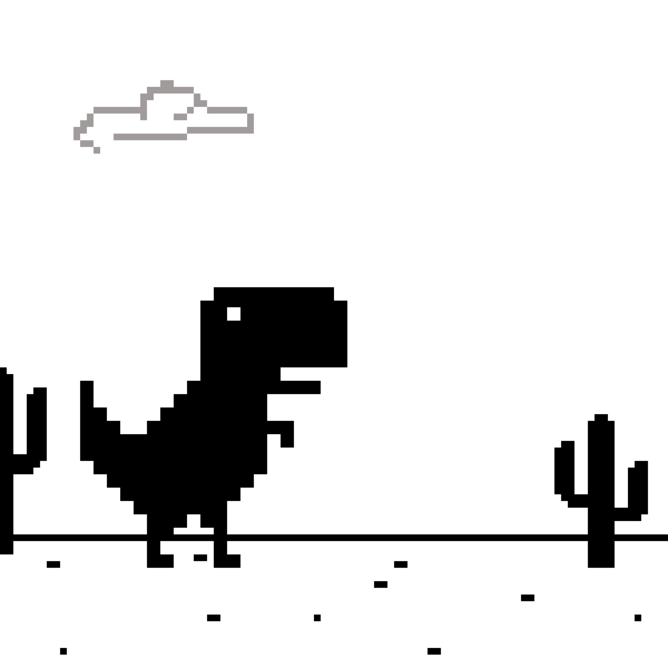 T-Rex ผู้โดดเดี่ยววิ่งผ่านทะเลทรายที่มีต้นกระบองเพชร – เกม Chrome Dino อันเป็นเอกลักษณ์